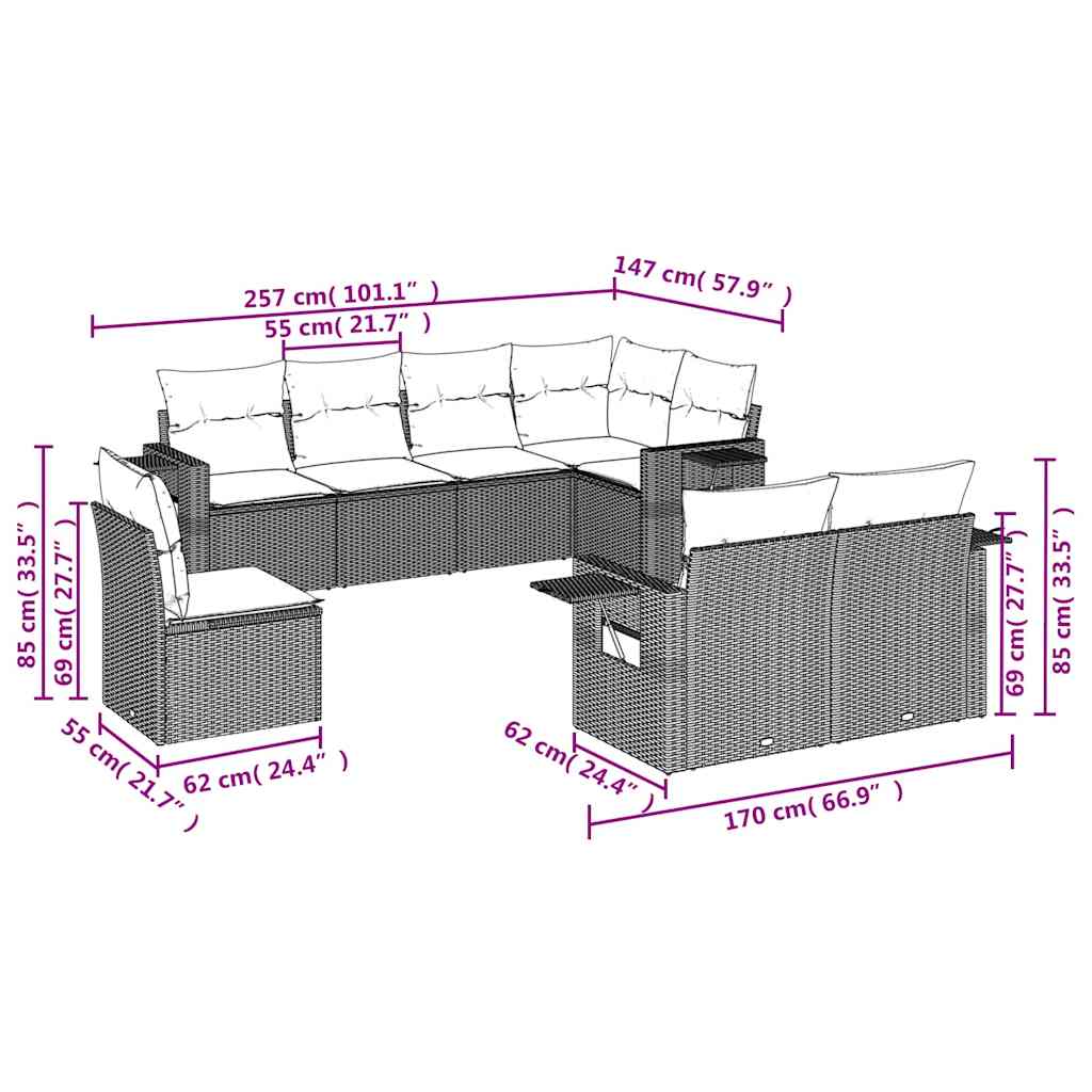 8-tlg. Garten-Sofagarnitur mit Kissen Schwarz Poly Rattan