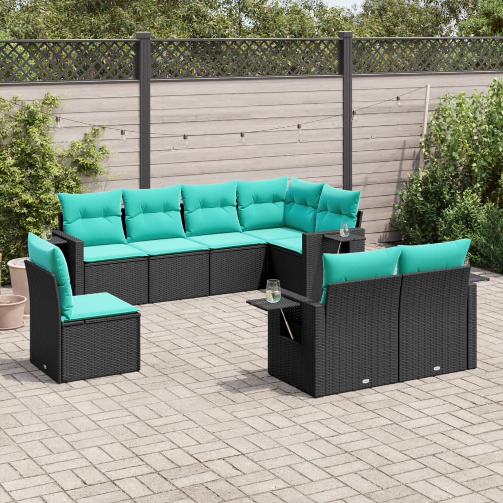 8-teiliges Gartensofa-Set mit Kissen, schwarzes Polyrattan
