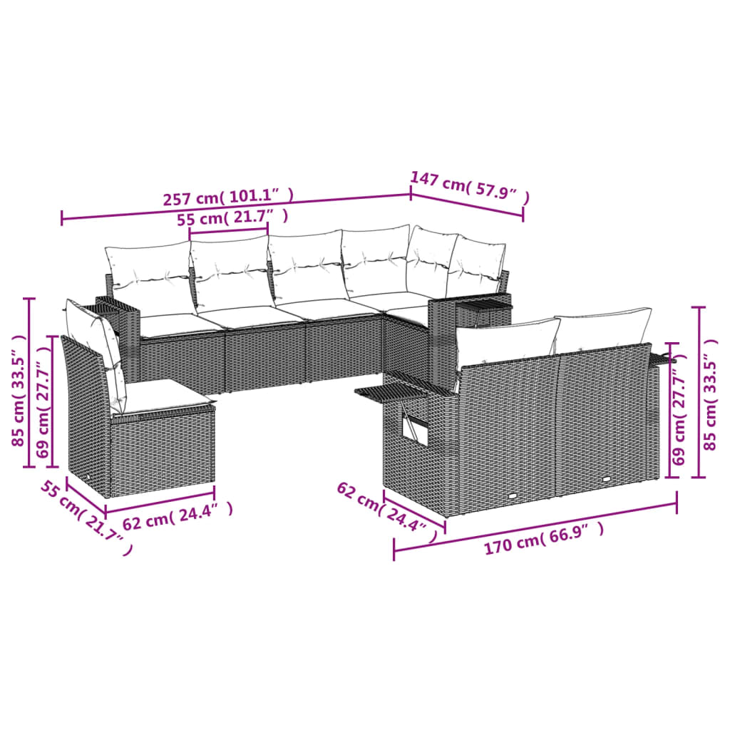8-teiliges Gartensofa-Set mit Kissen, grau, Polyrattan