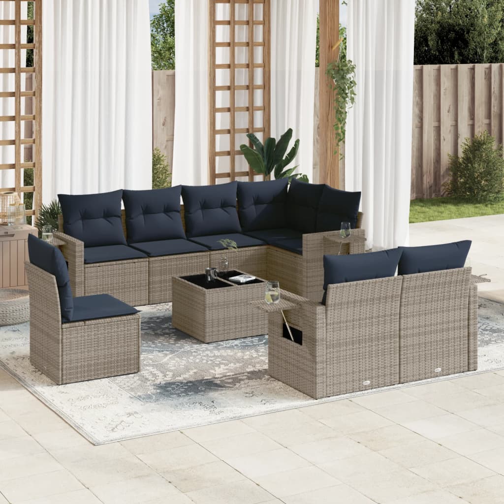 9-teiliges Gartensofa-Set mit Kissen, grau, Polyrattan