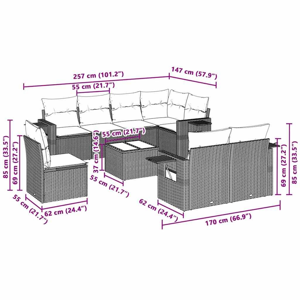 9-tlg. Garten-Sofagarnitur mit Kissen Hellgrau Poly Rattan