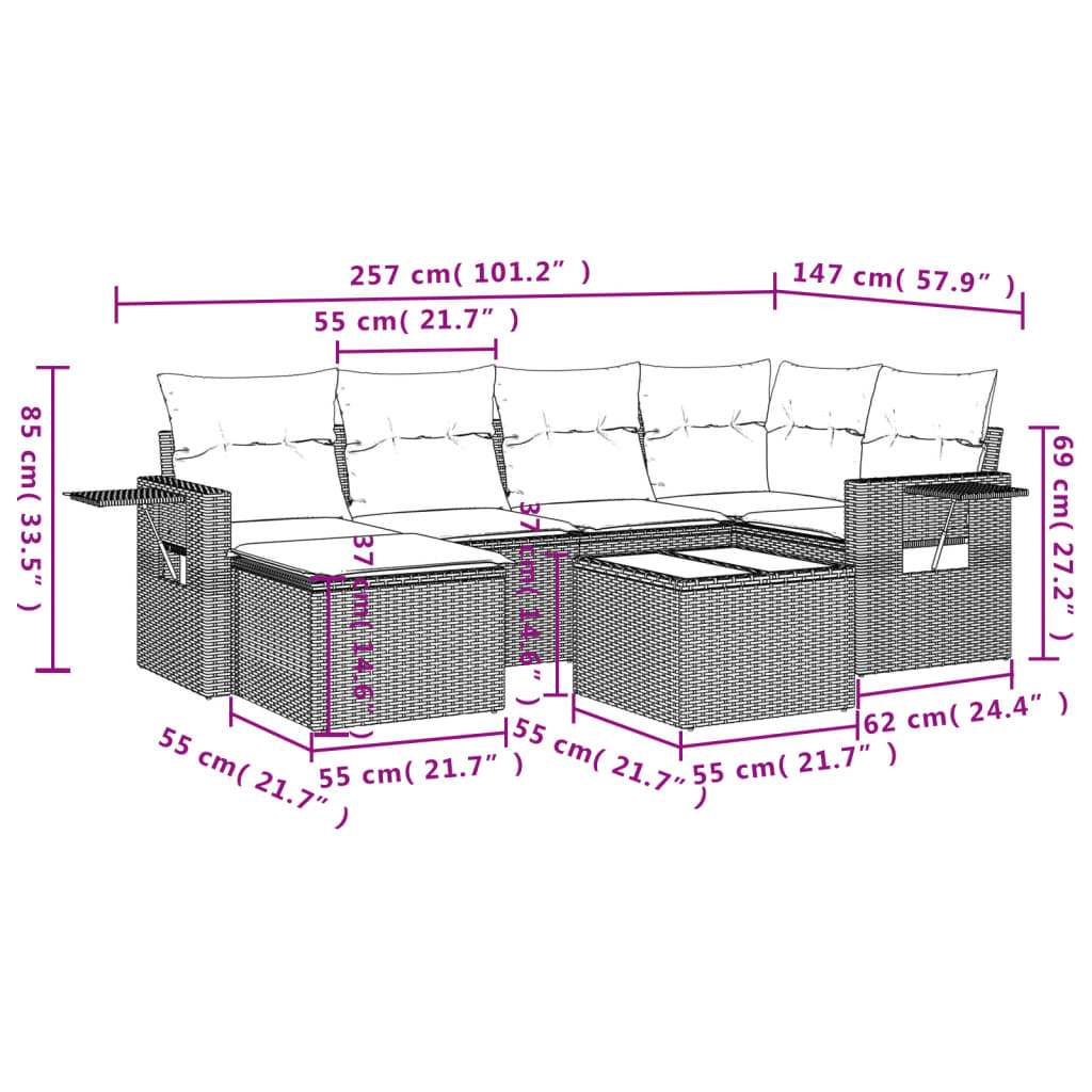 7-teiliges Gartensofa-Set mit Kissen, schwarzes Polyrattan