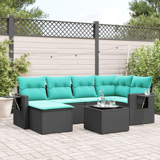 7-teiliges Gartensofa-Set mit Kissen, schwarzes Polyrattan