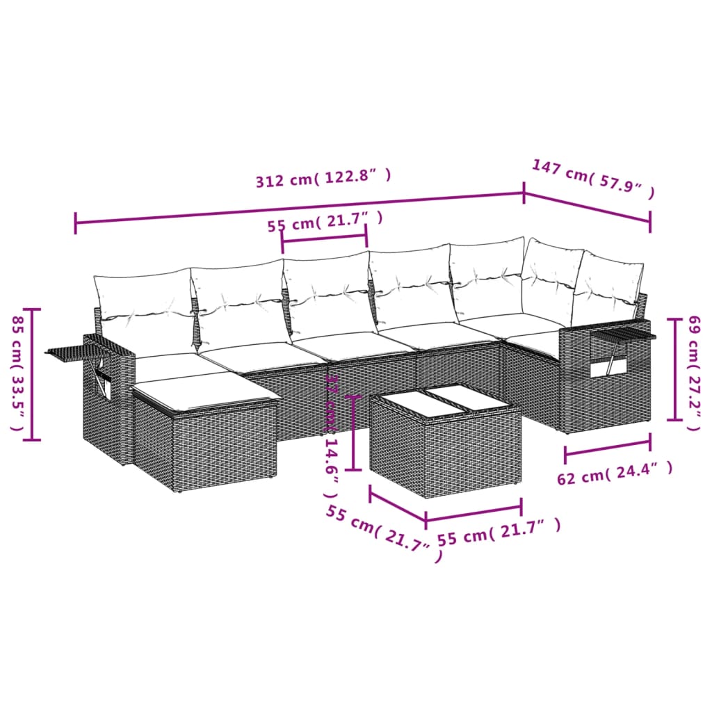 8-teiliges Gartensofa-Set mit Kissen, schwarzes Polyrattan
