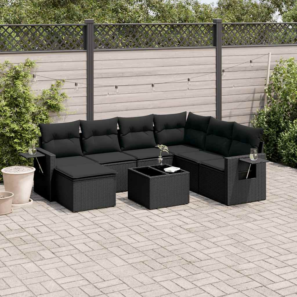 8-tlg. Garten-Sofagarnitur mit Kissen Schwarz Poly Rattan