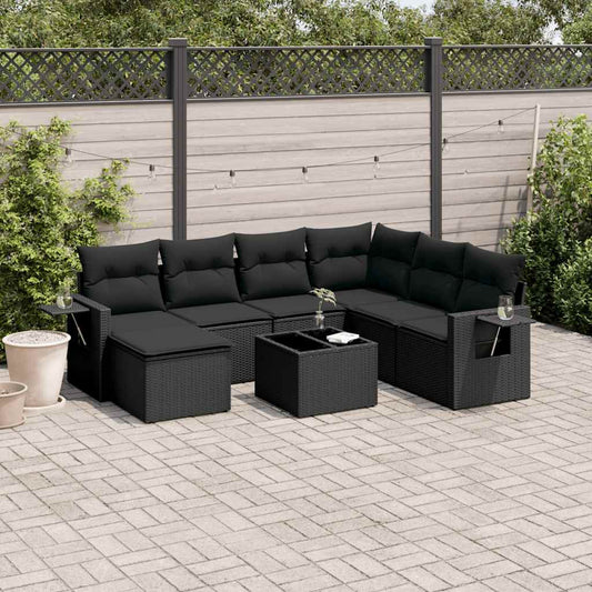8-tlg. Garten-Sofagarnitur mit Kissen Schwarz Poly Rattan
