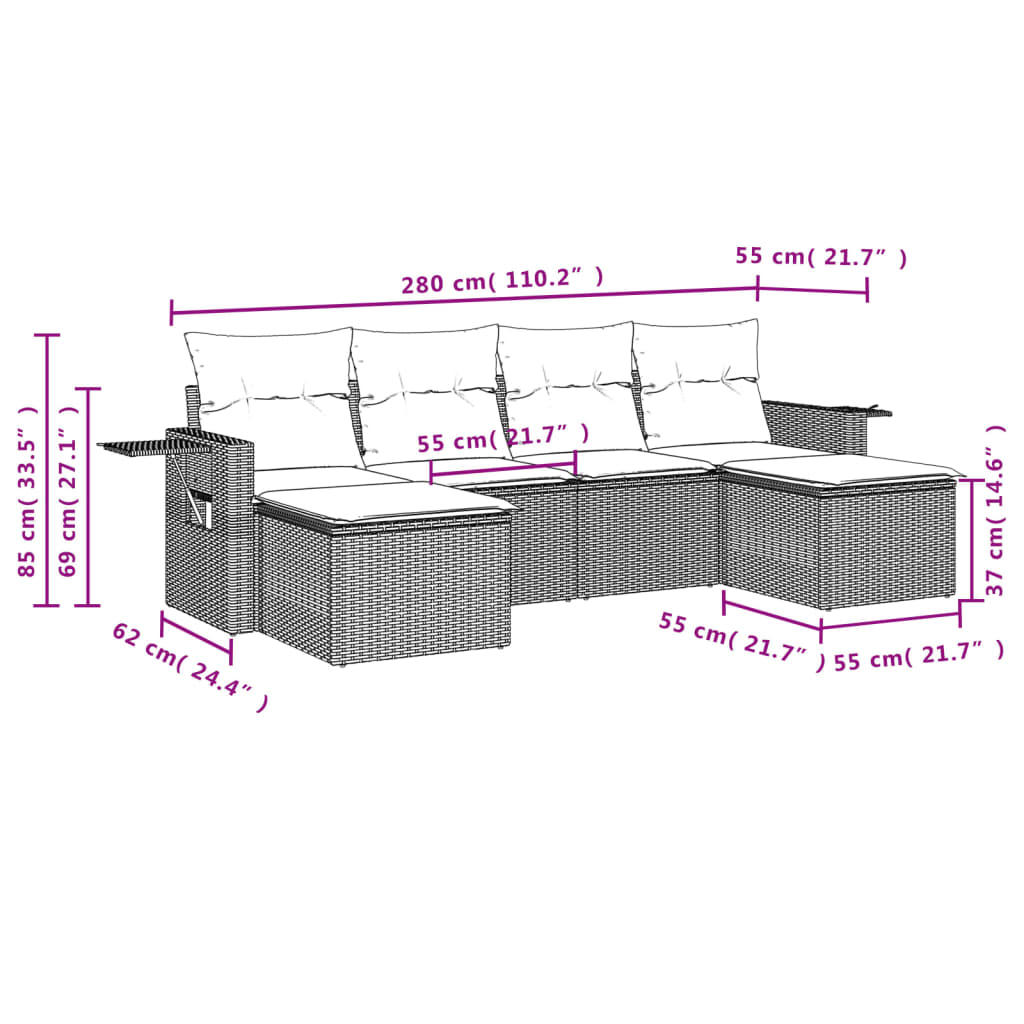 6-teiliges Gartensofa-Set mit Kissen, schwarzes Polyrattan