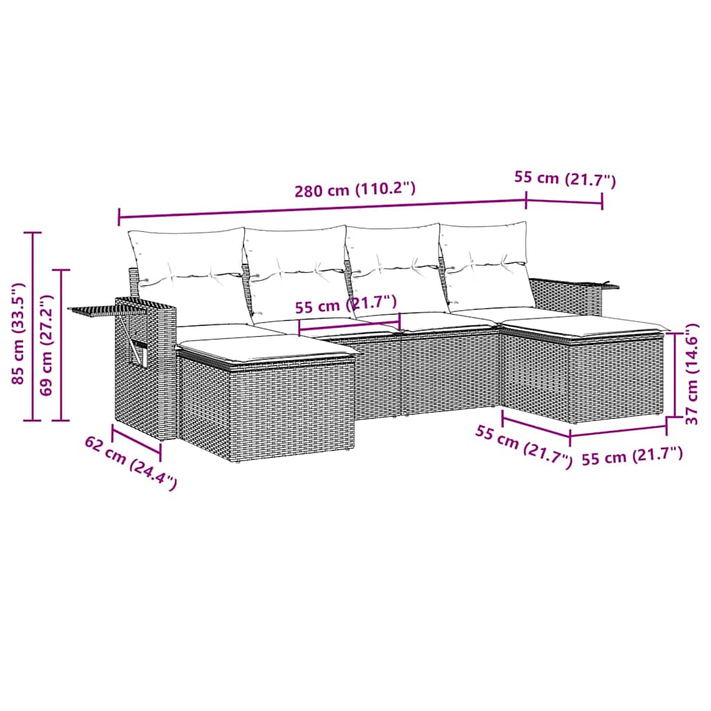 6-tlg. Garten-Sofagarnitur mit Kissen Hellgrau Poly Rattan