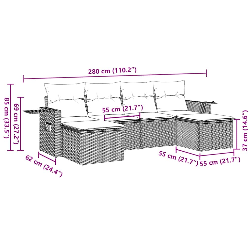 6-tlg. Garten-Sofagarnitur mit Kissen Braun Poly Rattan