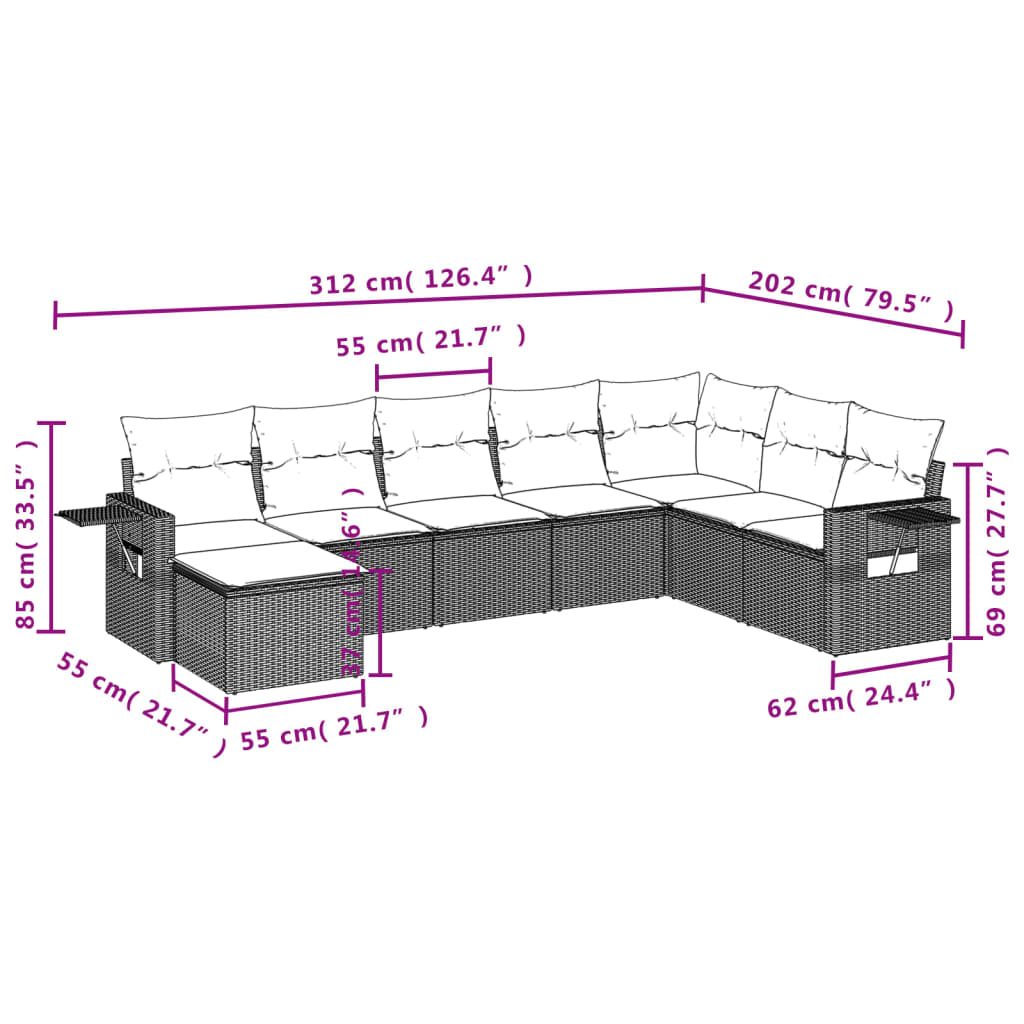 8-teiliges Gartensofa-Set mit Kissen, schwarzes Polyrattan