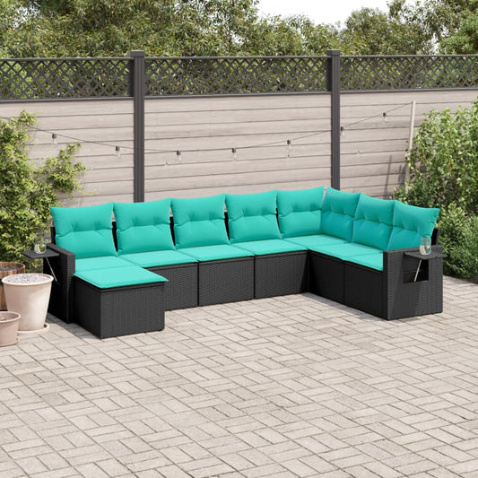 8-teiliges Gartensofa-Set mit Kissen, schwarzes Polyrattan