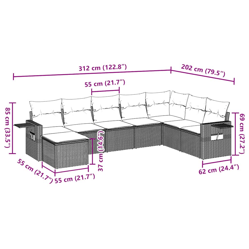 8-tlg. Garten-Sofagarnitur mit Kissen Braun Poly Rattan