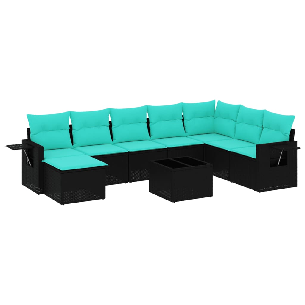 9-teiliges Gartensofa-Set mit Kissen, schwarzes Polyrattan