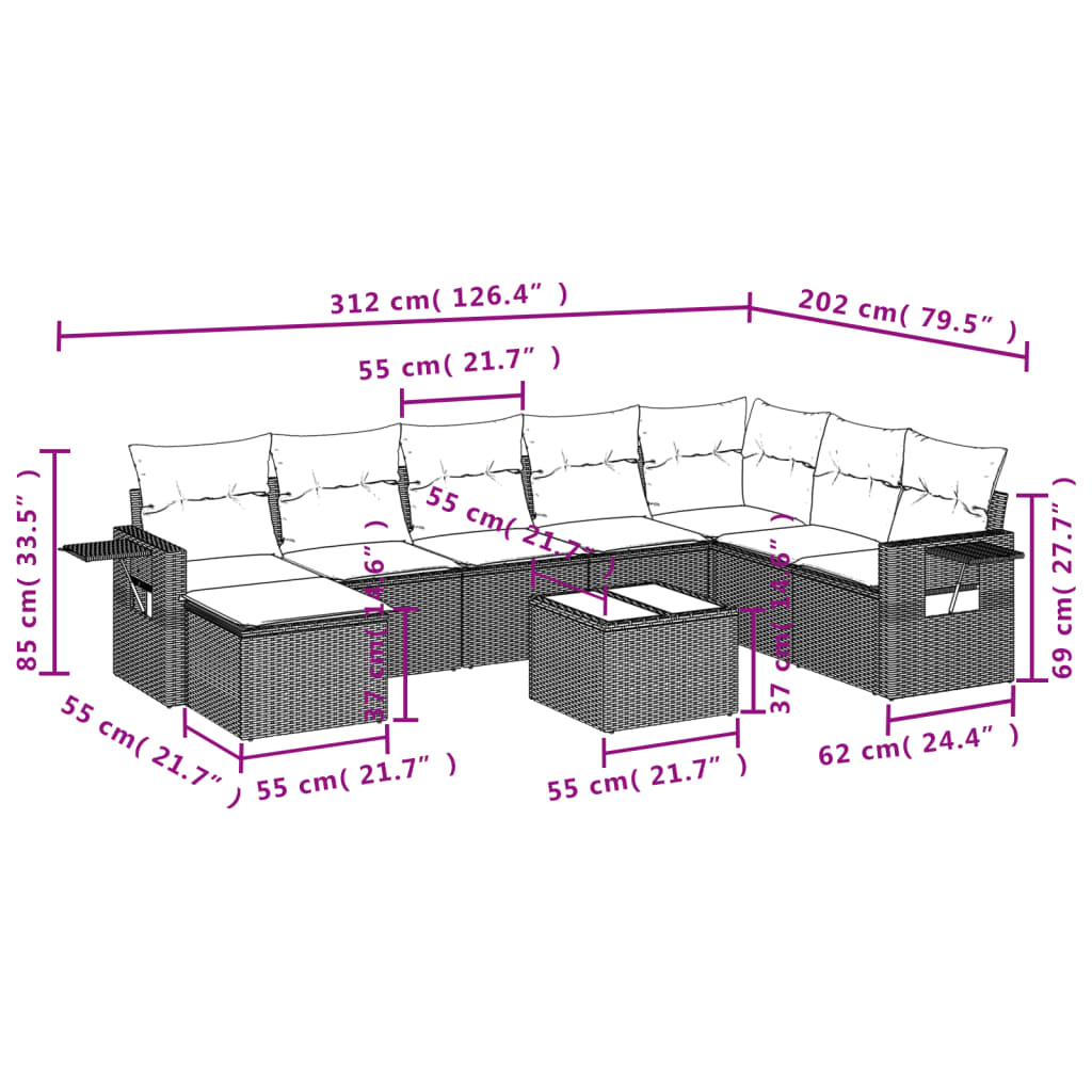 9-teiliges Gartensofa-Set mit Kissen, schwarzes Polyrattan