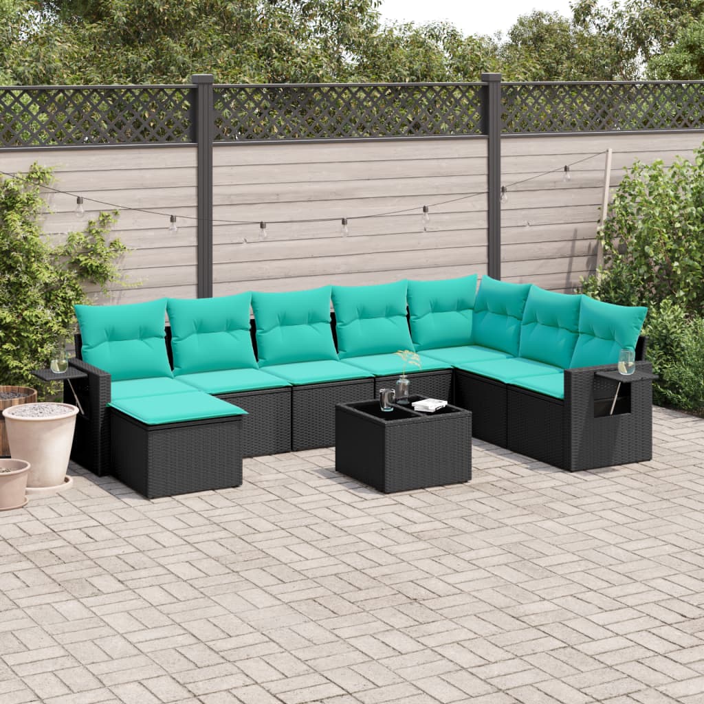 9-teiliges Gartensofa-Set mit Kissen, schwarzes Polyrattan