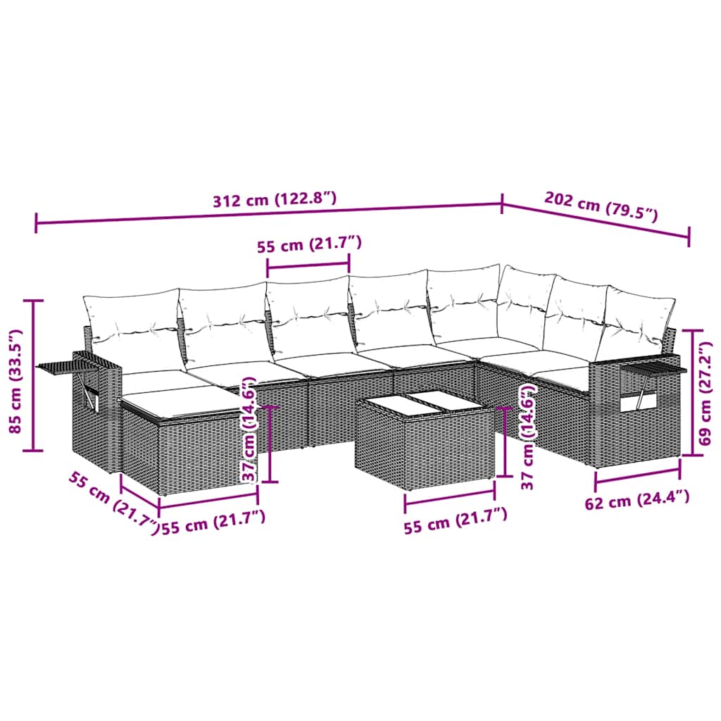 9-tlg. Garten-Sofagarnitur mit Kissen Hellgrau Poly Rattan