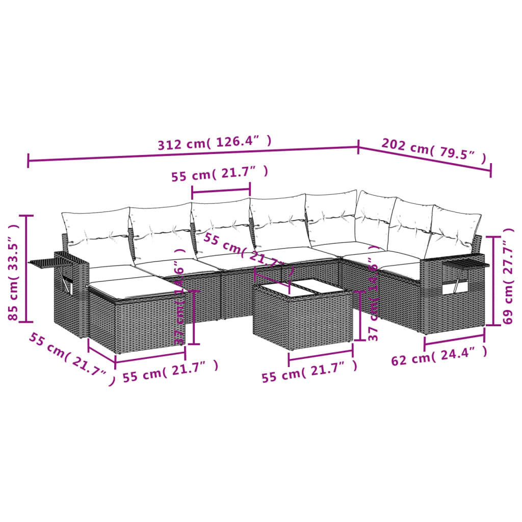 9-teiliges Gartensofa-Set mit Kissen, braun, Polyrattan