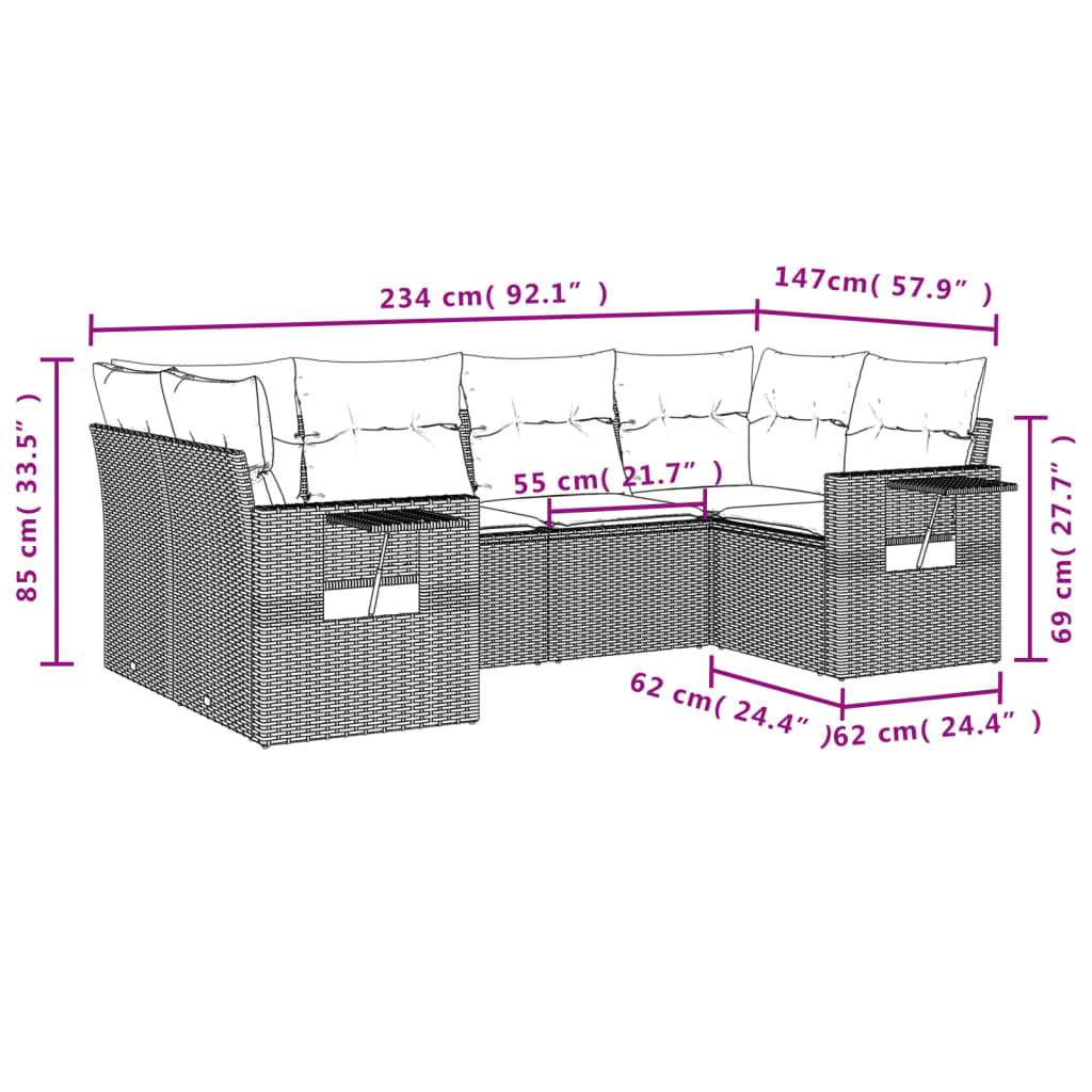 6-teiliges Gartensofa-Set mit Kissen, schwarzes Polyrattan