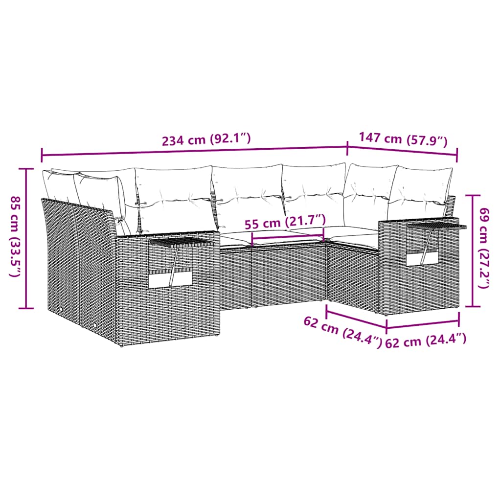 6-tlg. Garten-Sofagarnitur mit Kissen Braun Poly Rattan