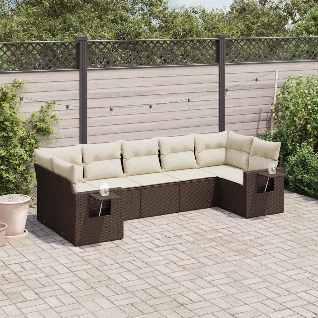 7-tlg. Garten-Sofagarnitur mit Kissen Braun Poly Rattan