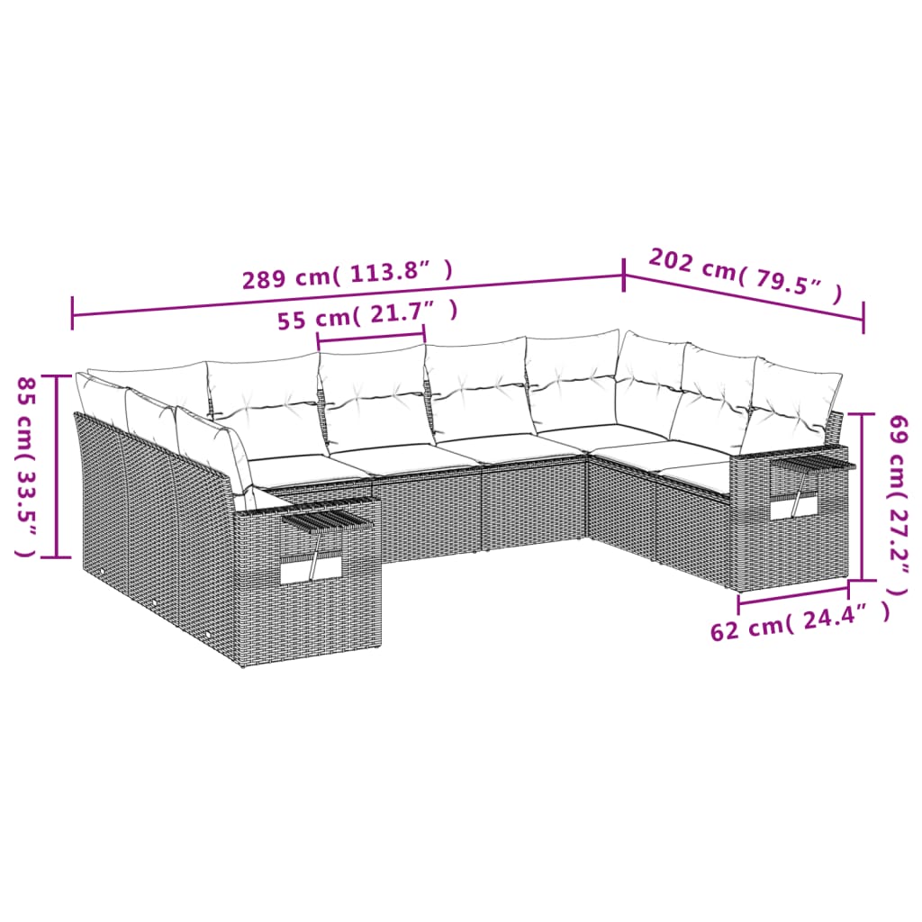 9-teiliges Gartensofa-Set mit Kissen, schwarzes Polyrattan