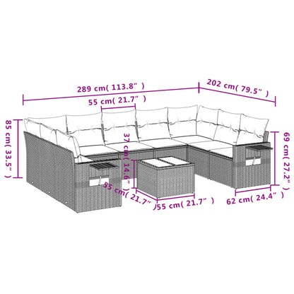 10-teiliges Gartensofa-Set mit Kissen, schwarzes Polyrattan