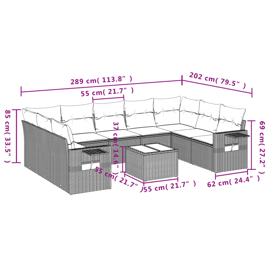 10-teiliges Gartensofa-Set mit Kissen, braun, Polyrattan