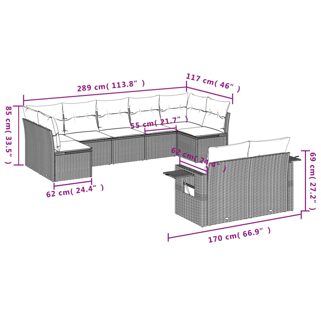 9-teiliges Gartensofa-Set mit Kissen, schwarzes Polyrattan