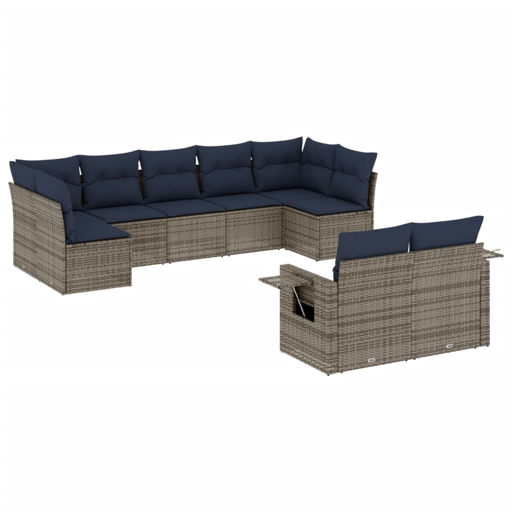 9-teiliges Gartensofa-Set mit Kissen, grau, Polyrattan