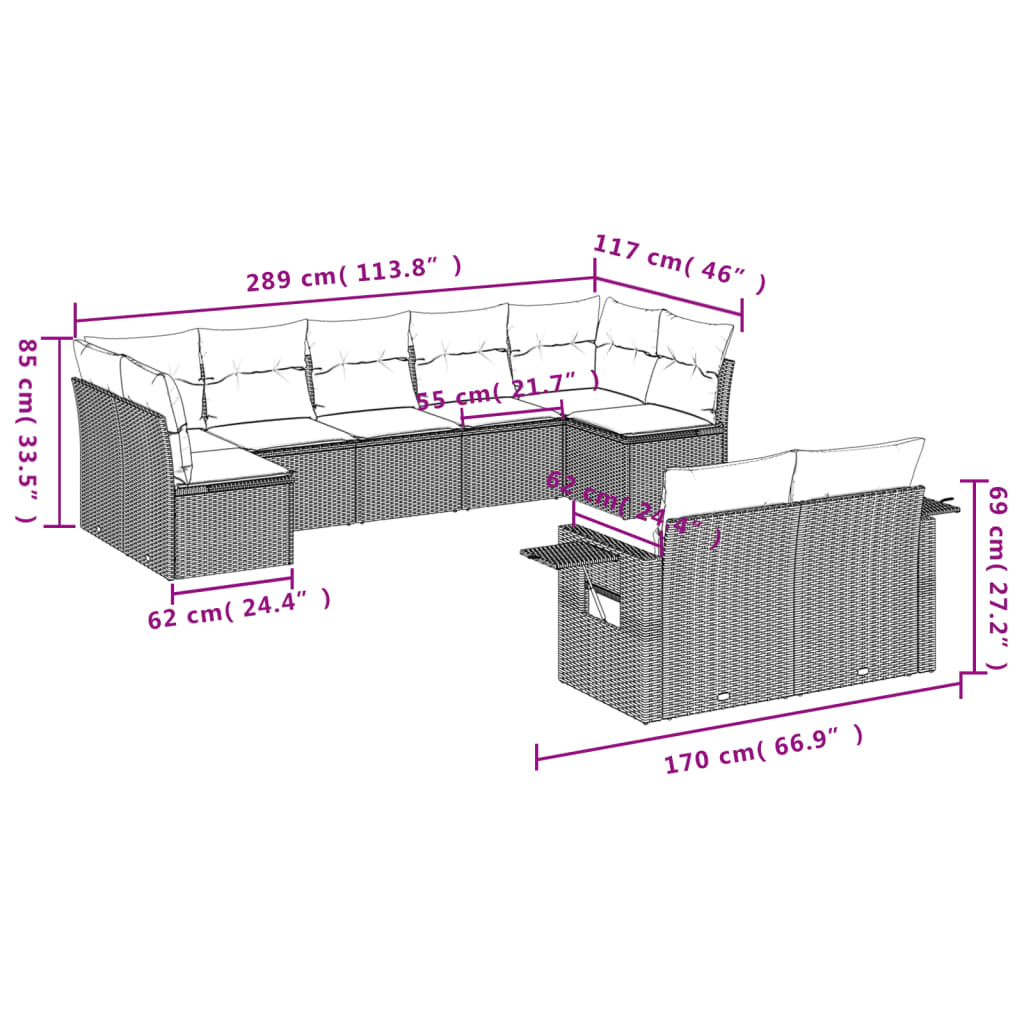 9-teiliges Gartensofa-Set mit Kissen, grau, Polyrattan