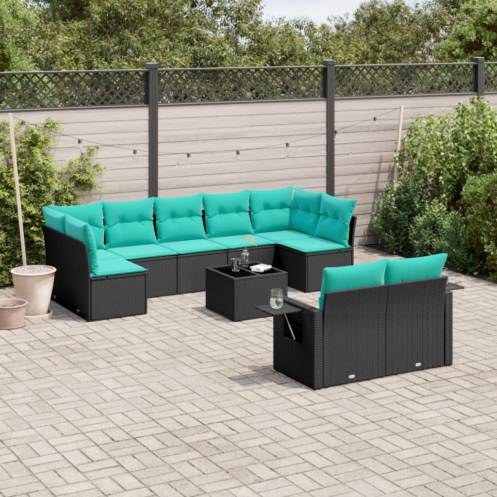 10-teiliges Gartensofa-Set mit Kissen, schwarzes Polyrattan