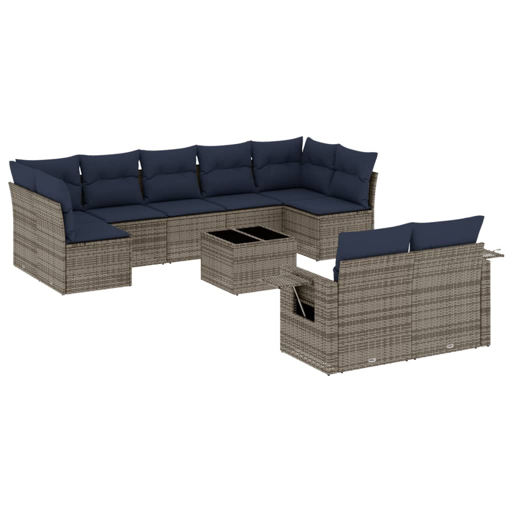10-teiliges Gartensofa-Set mit Kissen, grau, Polyrattan