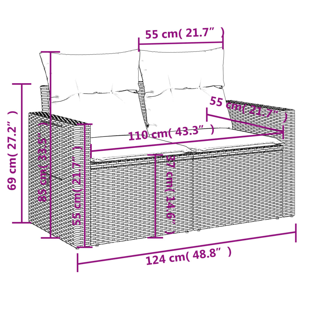9-teiliges Gartensofa-Set mit Kissen, schwarzes Polyrattan