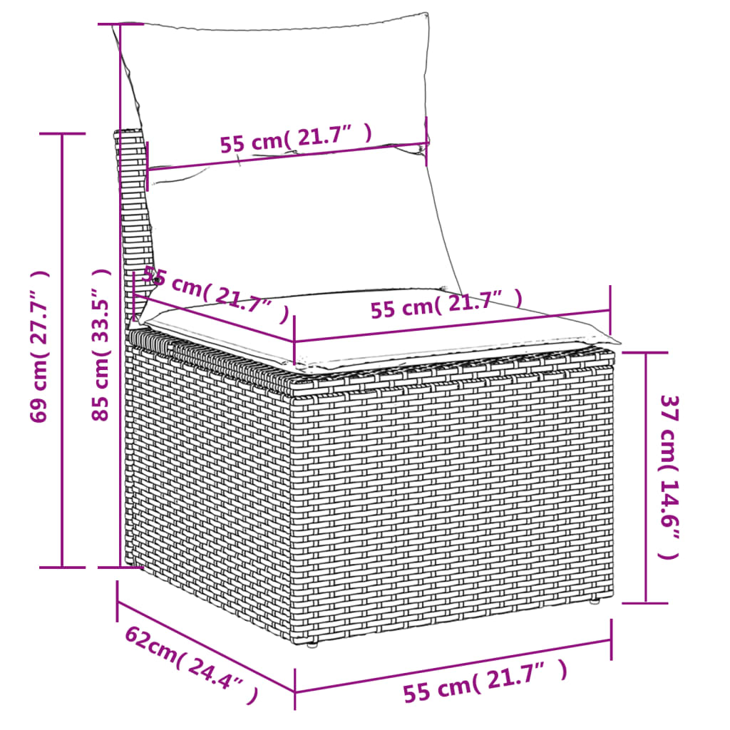 9-teiliges Gartensofa-Set mit Kissen, schwarzes Polyrattan