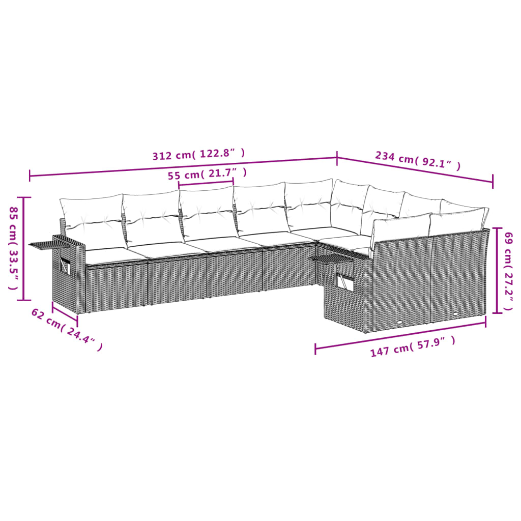 9-teiliges Gartensofa-Set mit Kissen, grau, Polyrattan