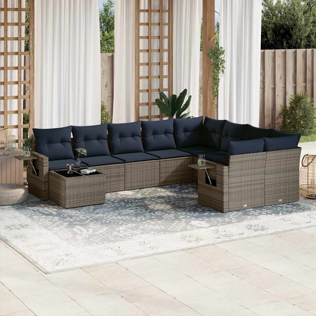10-teiliges Gartensofa-Set mit Kissen, grau, Polyrattan