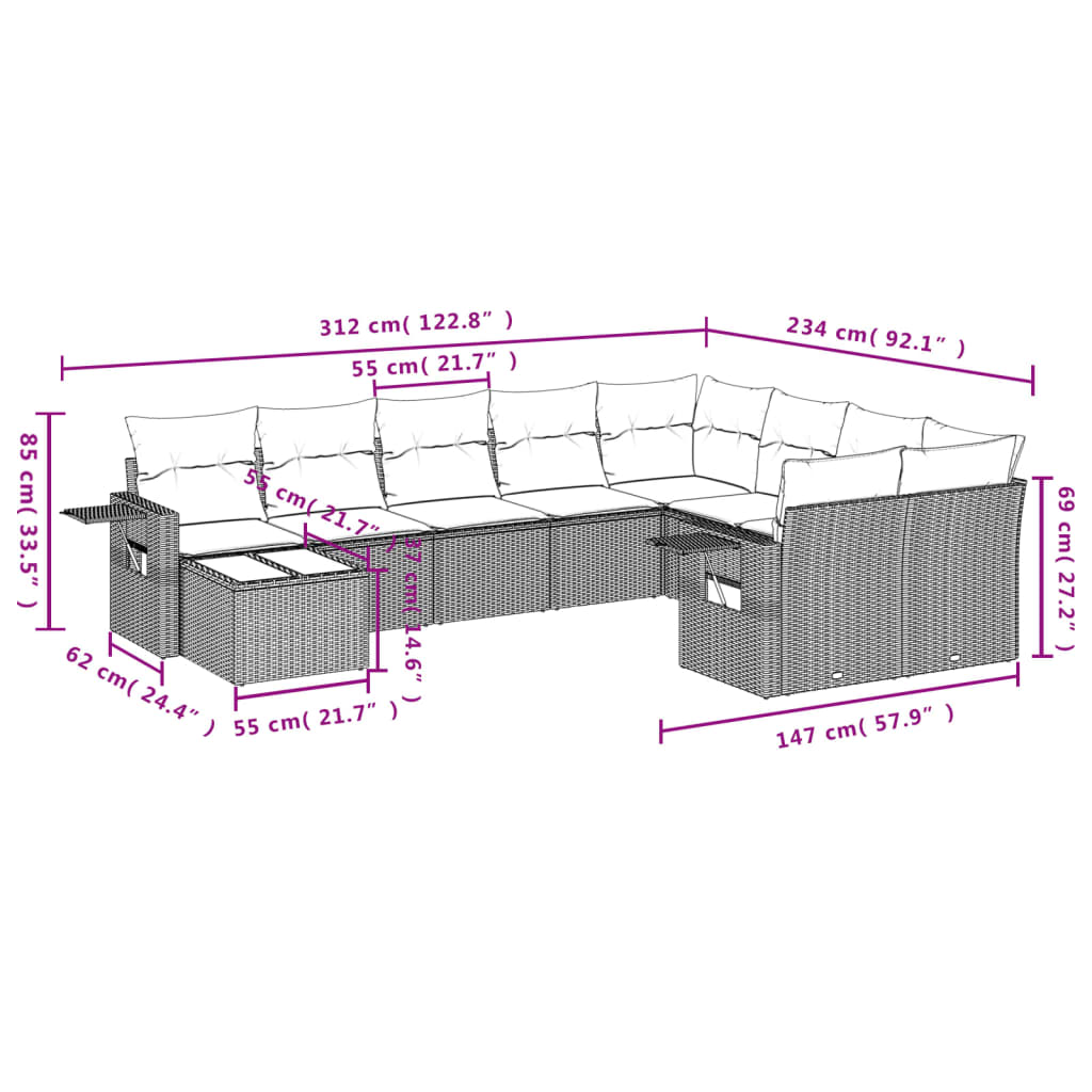10-tlg. Garten-Sofagarnitur mit Kissen Braun Poly Rattan