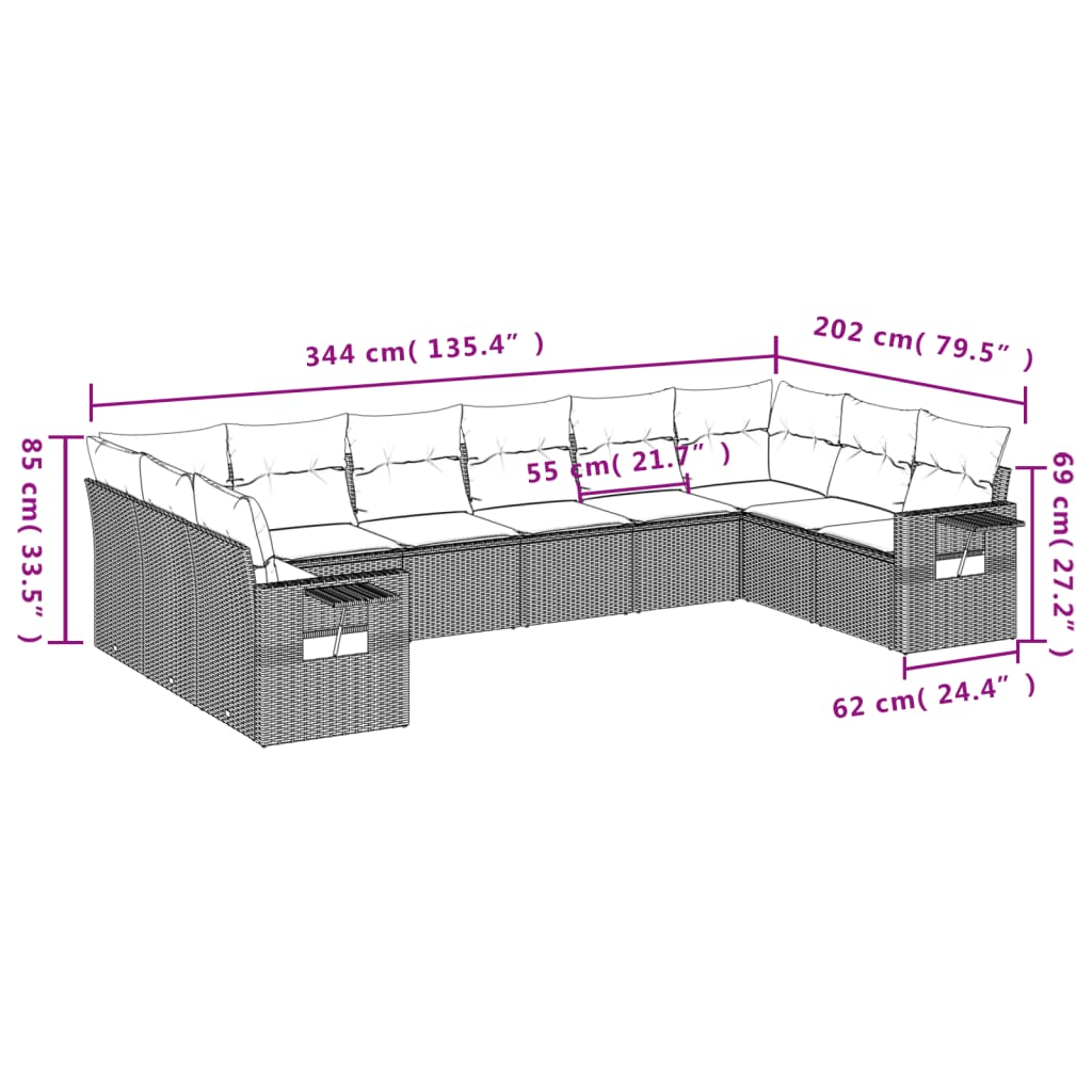 10-teiliges Gartensofa-Set mit Kissen, grau, Polyrattan