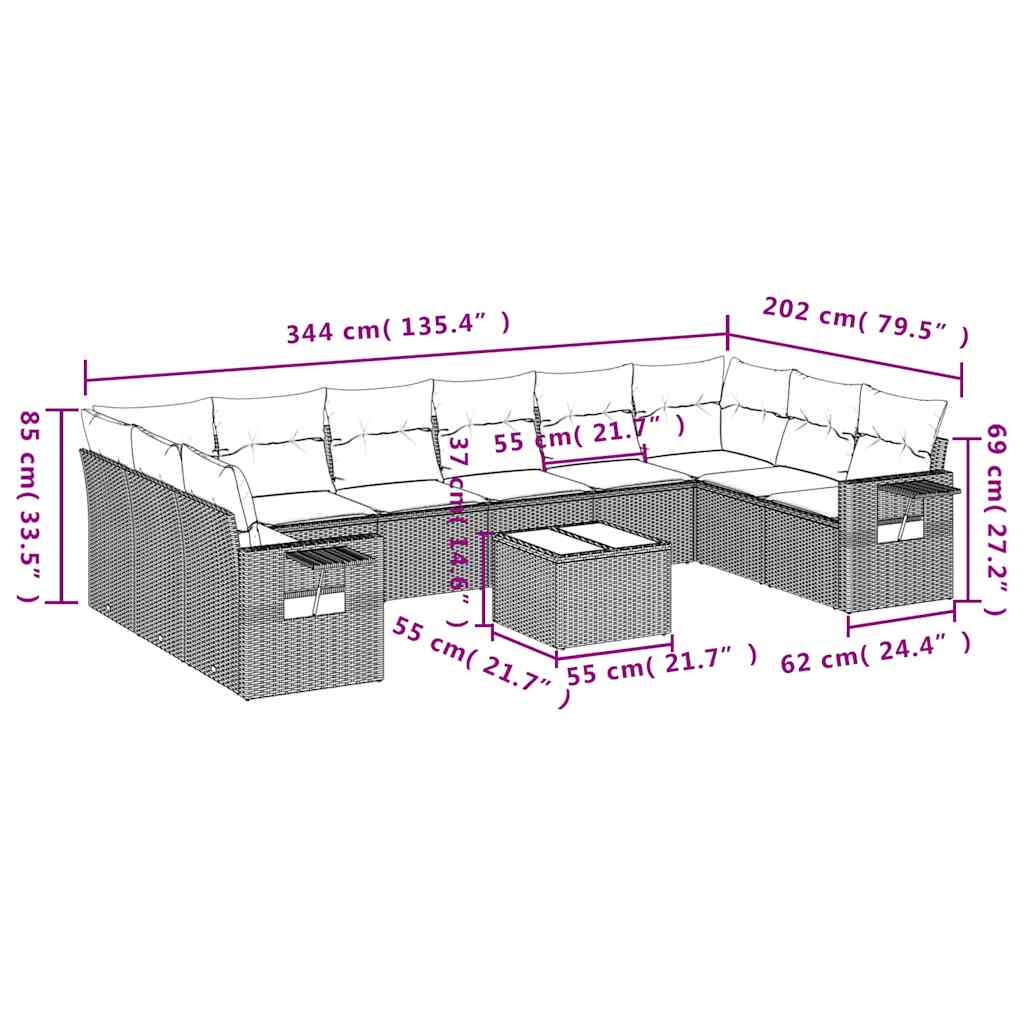 11-teiliges Gartensofa-Set mit Kissen, braun, Polyrattan