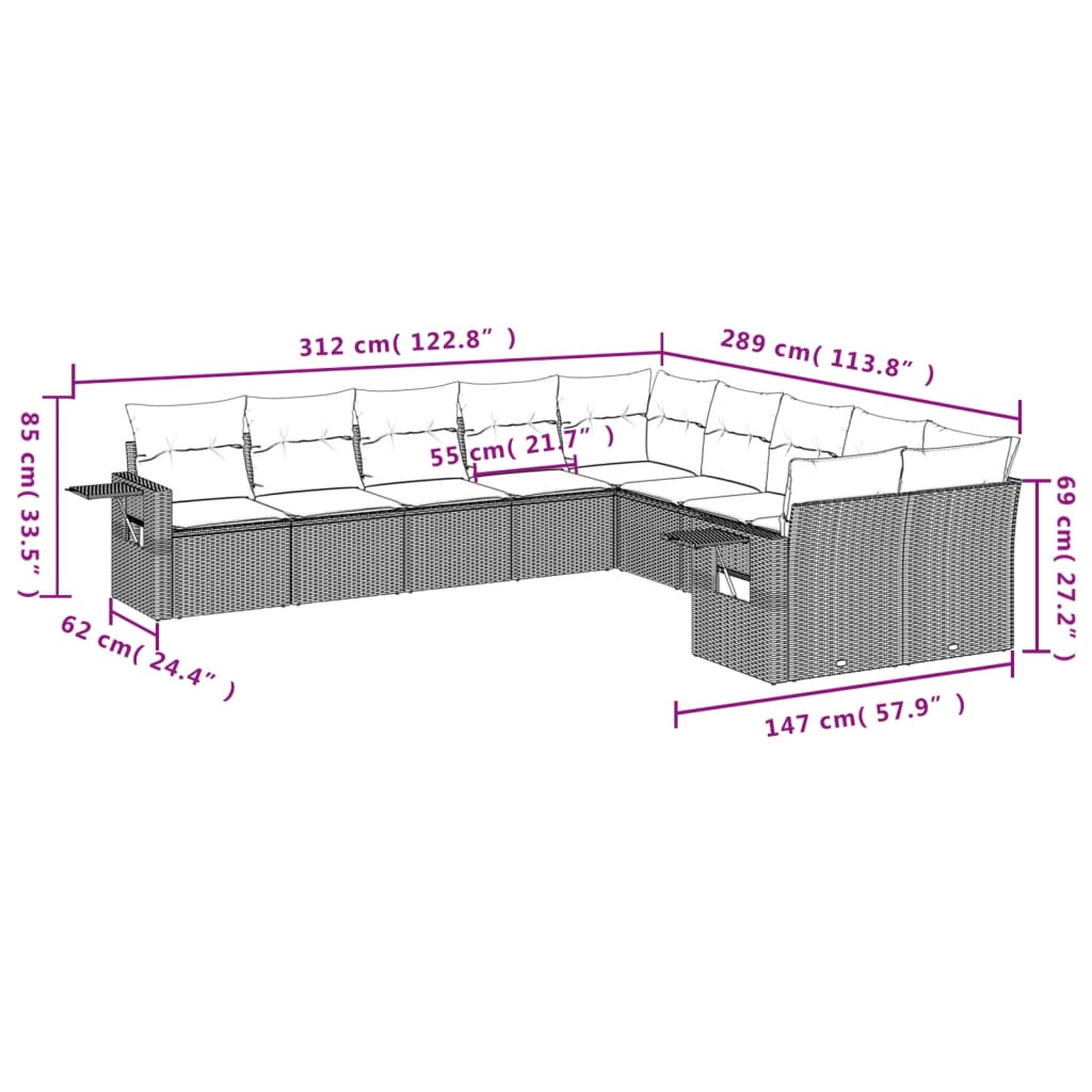 10-teiliges Gartensofa-Set mit Kissen, grau, Polyrattan