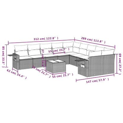 11-tlg. Garten-Sofagarnitur mit Kissen Schwarz Poly Rattan