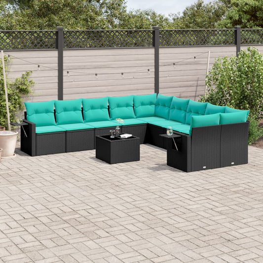 11-teiliges Gartensofa-Set mit Kissen, schwarzes Polyrattan