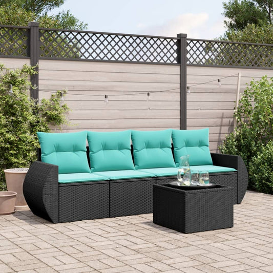 5-tlg. Garten-Sofagarnitur mit Kissen Schwarz Poly Rattan