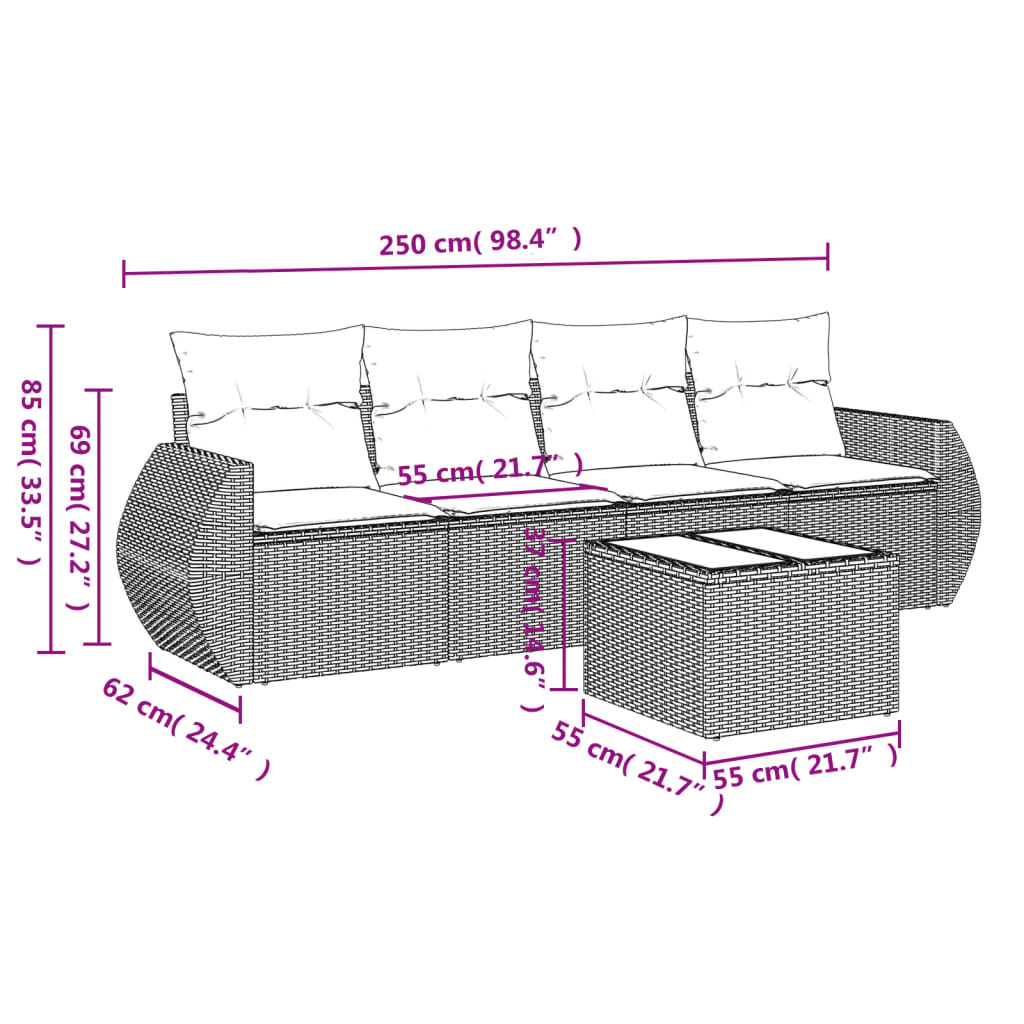 5-tlg. Garten-Sofagarnitur mit Kissen Braun Poly Rattan