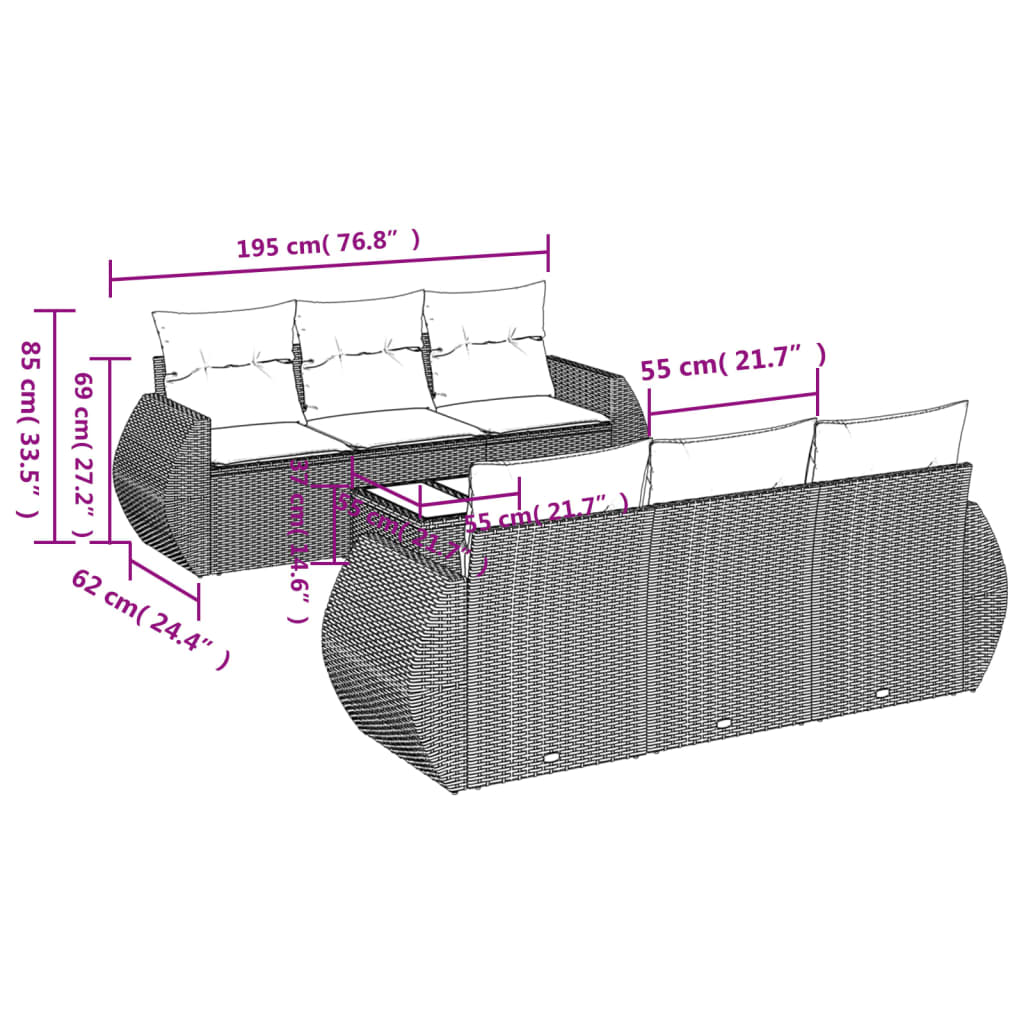 7-tlg. Garten-Sofagarnitur mit Kissen Braun Poly Rattan