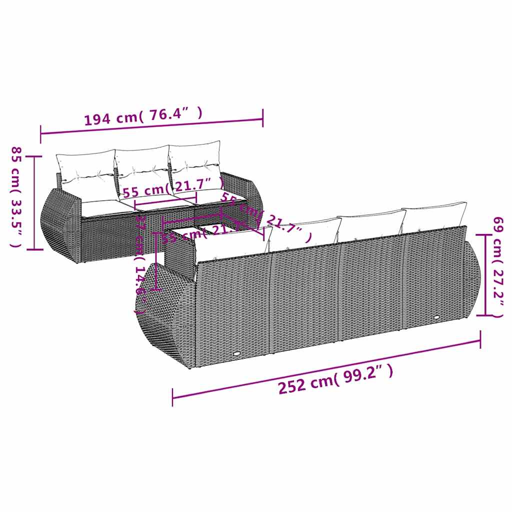 8-teiliges Gartensofa-Set mit Kissen, schwarzes Polyrattan
