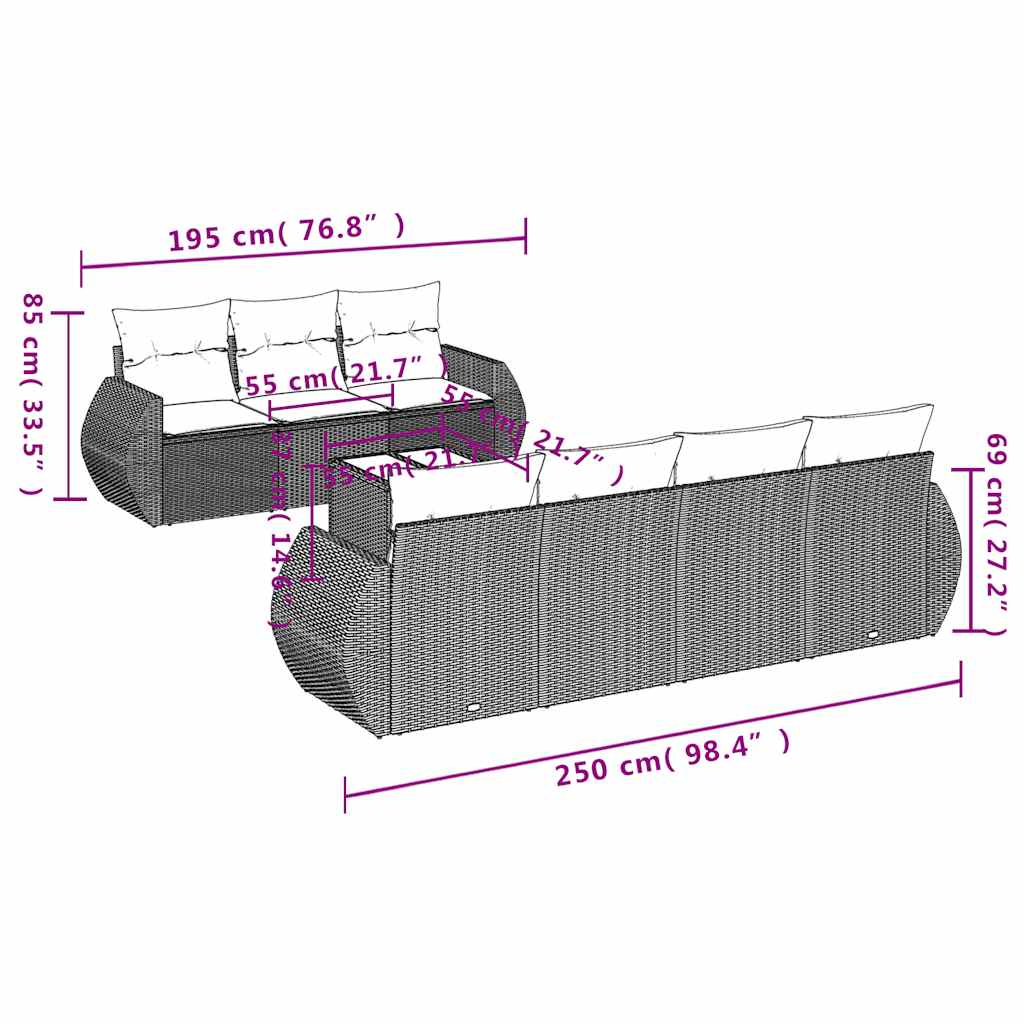 8-teiliges Gartensofa-Set mit Kissen, grau, Polyrattan
