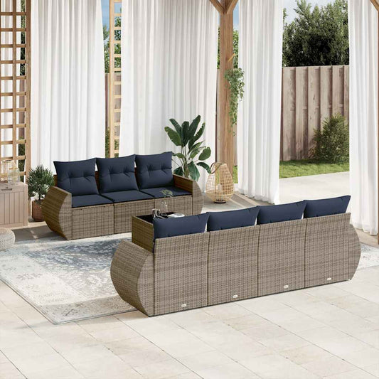 8-teiliges Gartensofa-Set mit Kissen, grau, Polyrattan