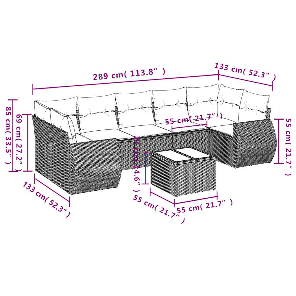 8-teiliges Gartensofa-Set mit Kissen, braun, Polyrattan