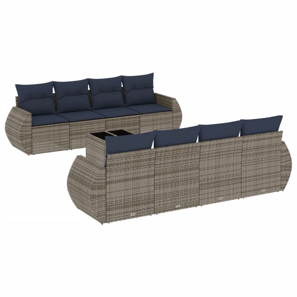 9-teiliges Gartensofa-Set mit Kissen, grau, Polyrattan